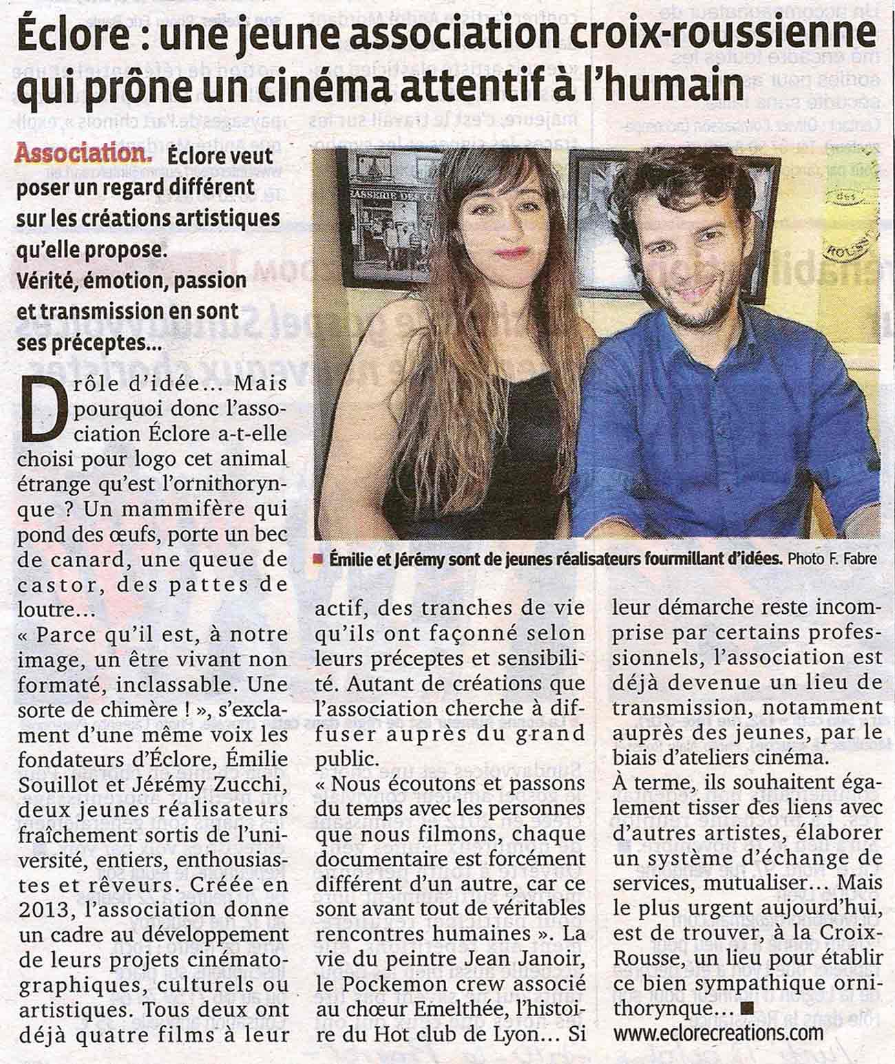 Article paru dans Le Progrès (Lyon), le 13 octobre 2014.