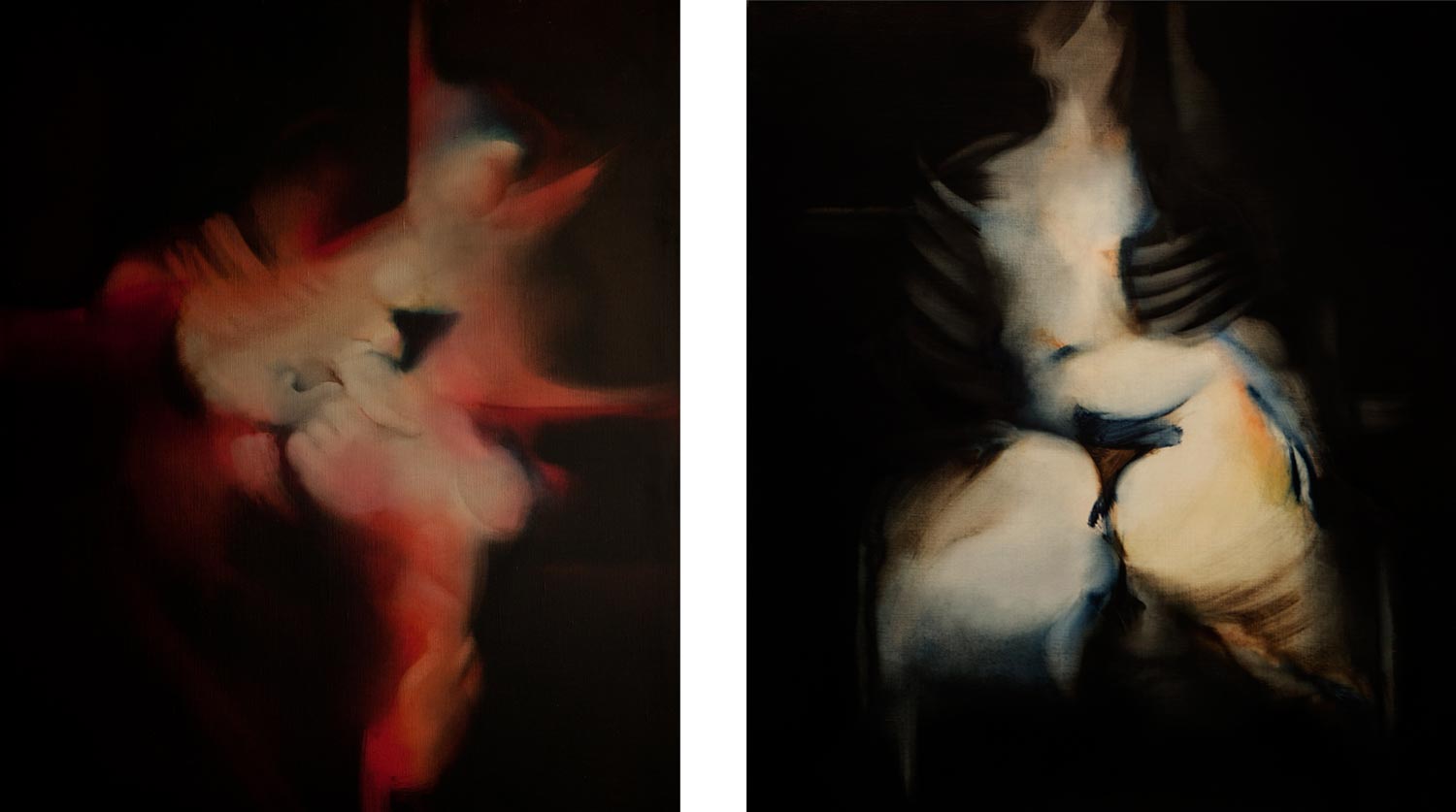 Peintures à l'huile de Jean Janoir des années quatre-vingt-dix. Celle de droite est une de ses dernières toiles, étant datée de 1995.